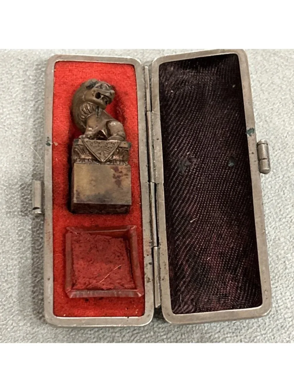 Chinese Seal Box with Bronze Foo Dog Handle with Seal & Red Paste, 19th Century